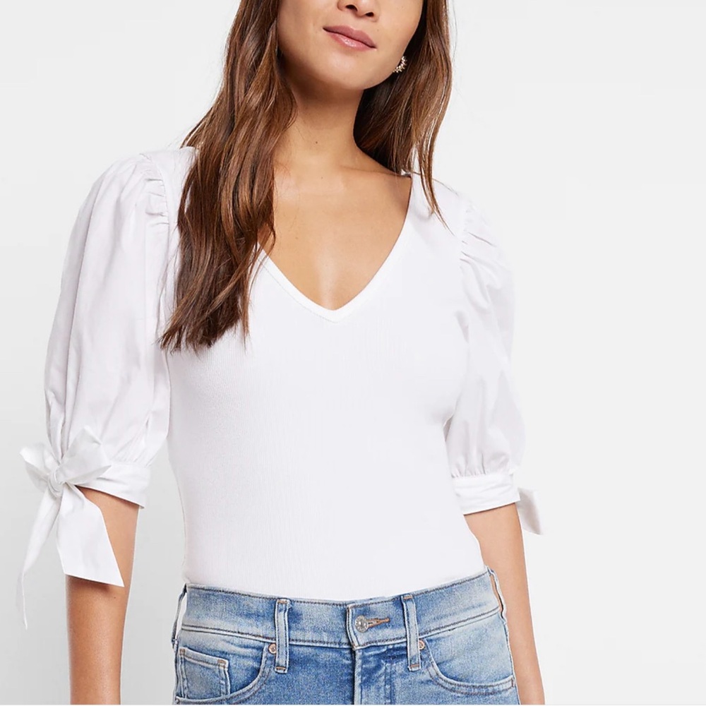 Express Ribbed Tie Poplin Sleeve Tee White M